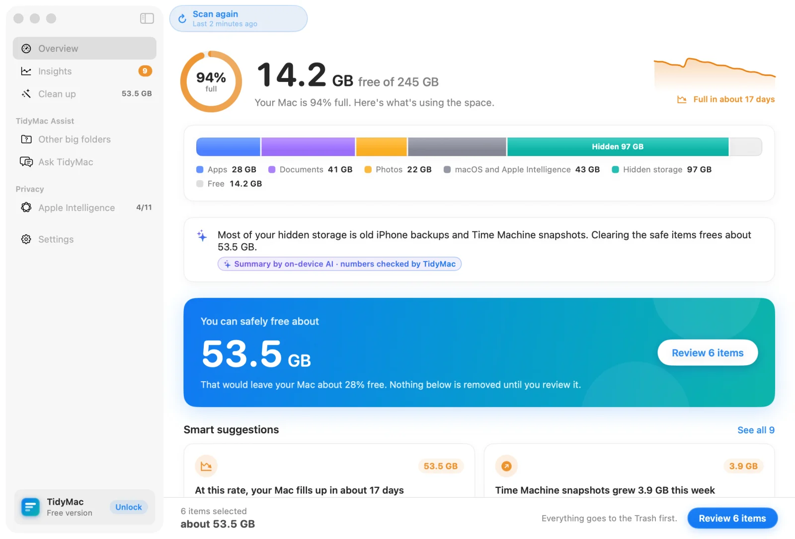 TidyMac’s storage overview with each category explained and labelled